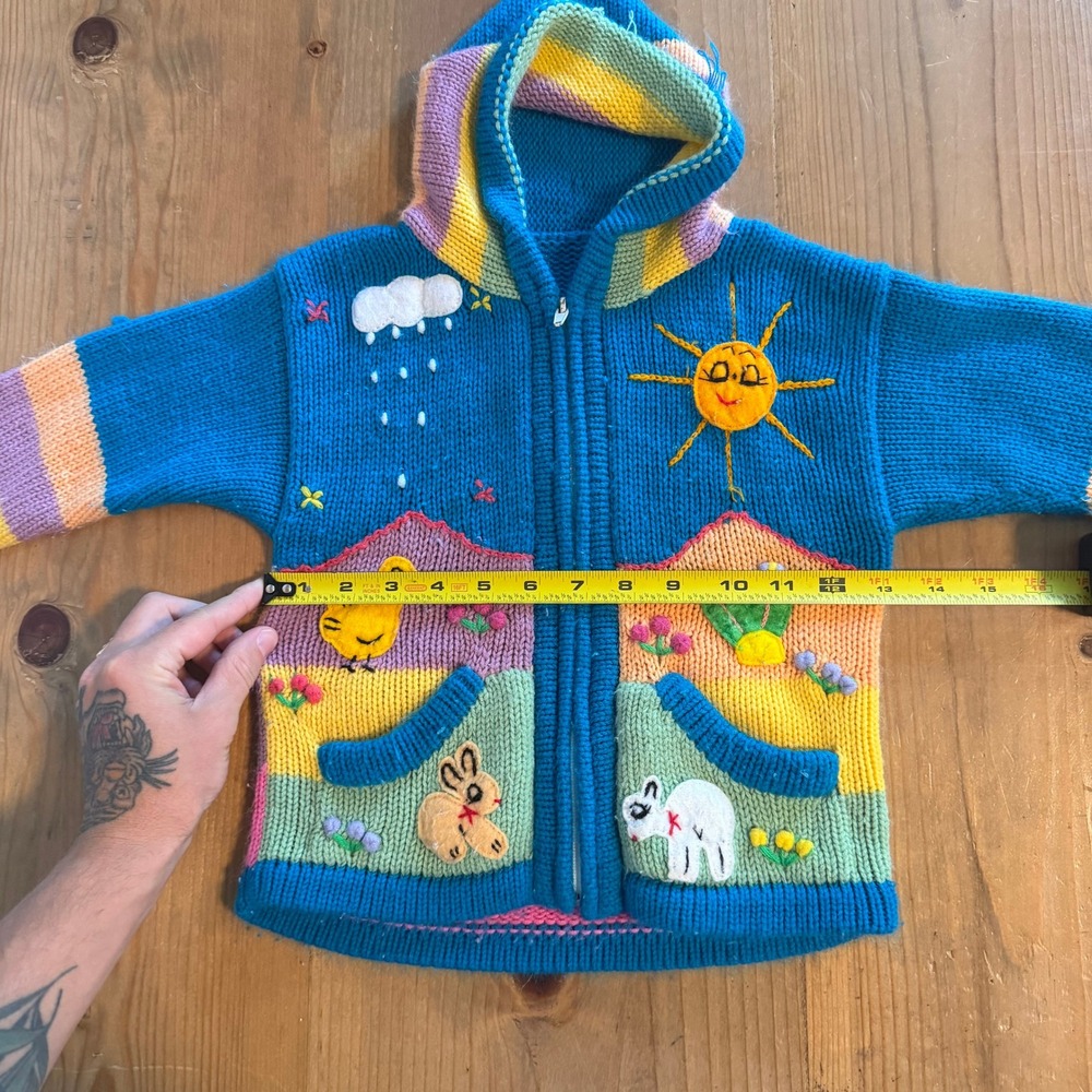 Vintage Kids Handmade Chunky Knit Hooded Sweater Animal Applique Zip Up 3T 13x16 - Picture 6 of 8